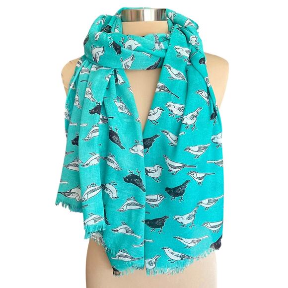 Lafayette Collection Aqua Bird Print Scarf Cotton Large Rectangle 72" x 29" - Picture 1 of 8